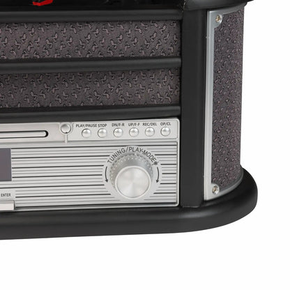 Denver MRD-51B Retro pladespiller med stofhøjttalerpaneler, sølvknapper, stor tuning-knap, sorte og metalliske detaljer, DAB+.