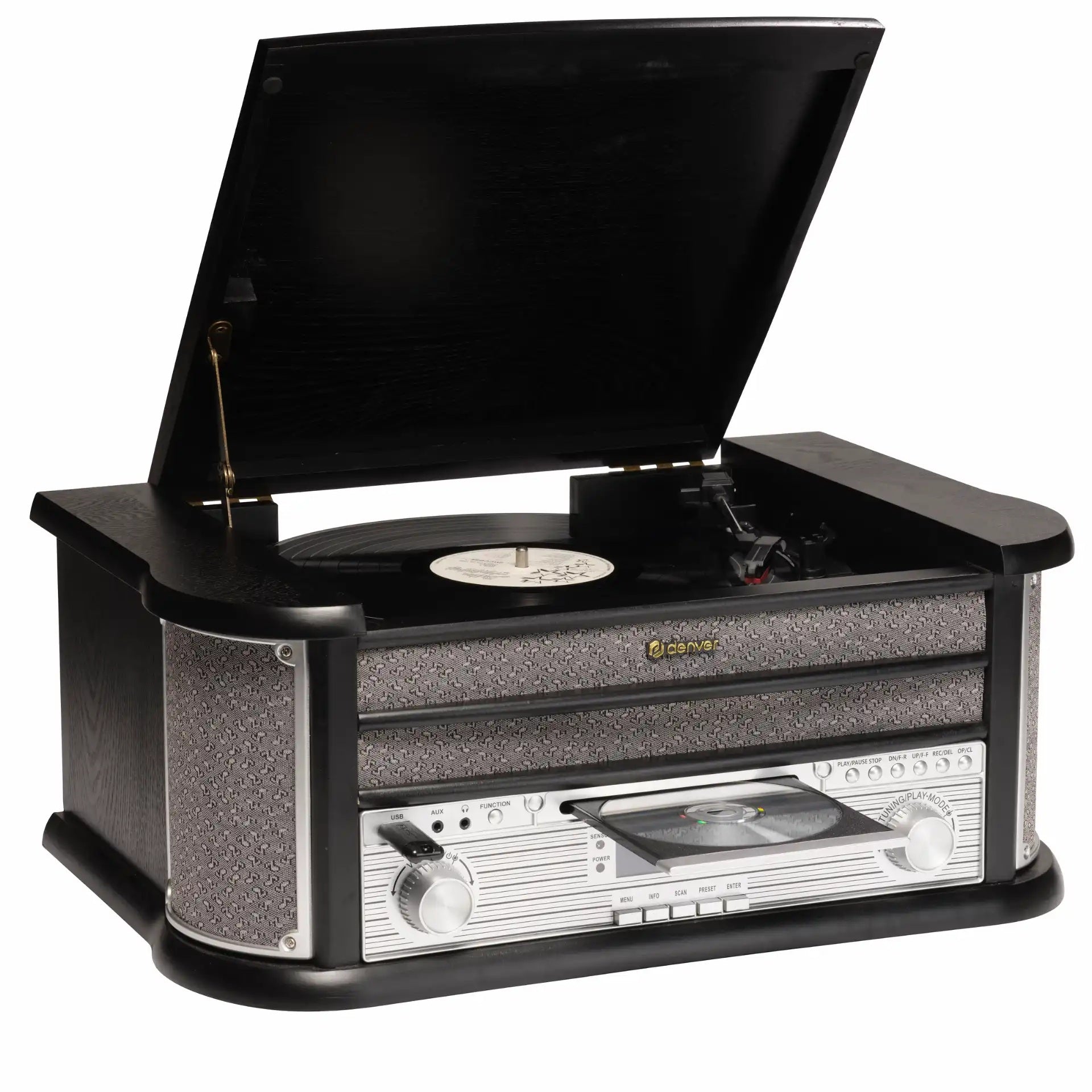 Denver MRD-51B retro pladespiller sort træ, åben pladetallerken, CD-afspiller, DAB+ radio, USB, frontknapper og højttalere.