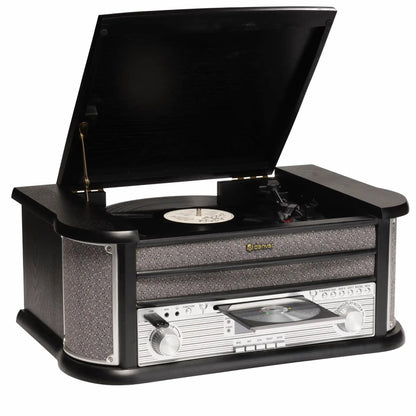 Denver MRD-51B retro pladespiller sort træ, åben pladetallerken, CD-afspiller, DAB+ radio, USB, frontknapper og højttalere.