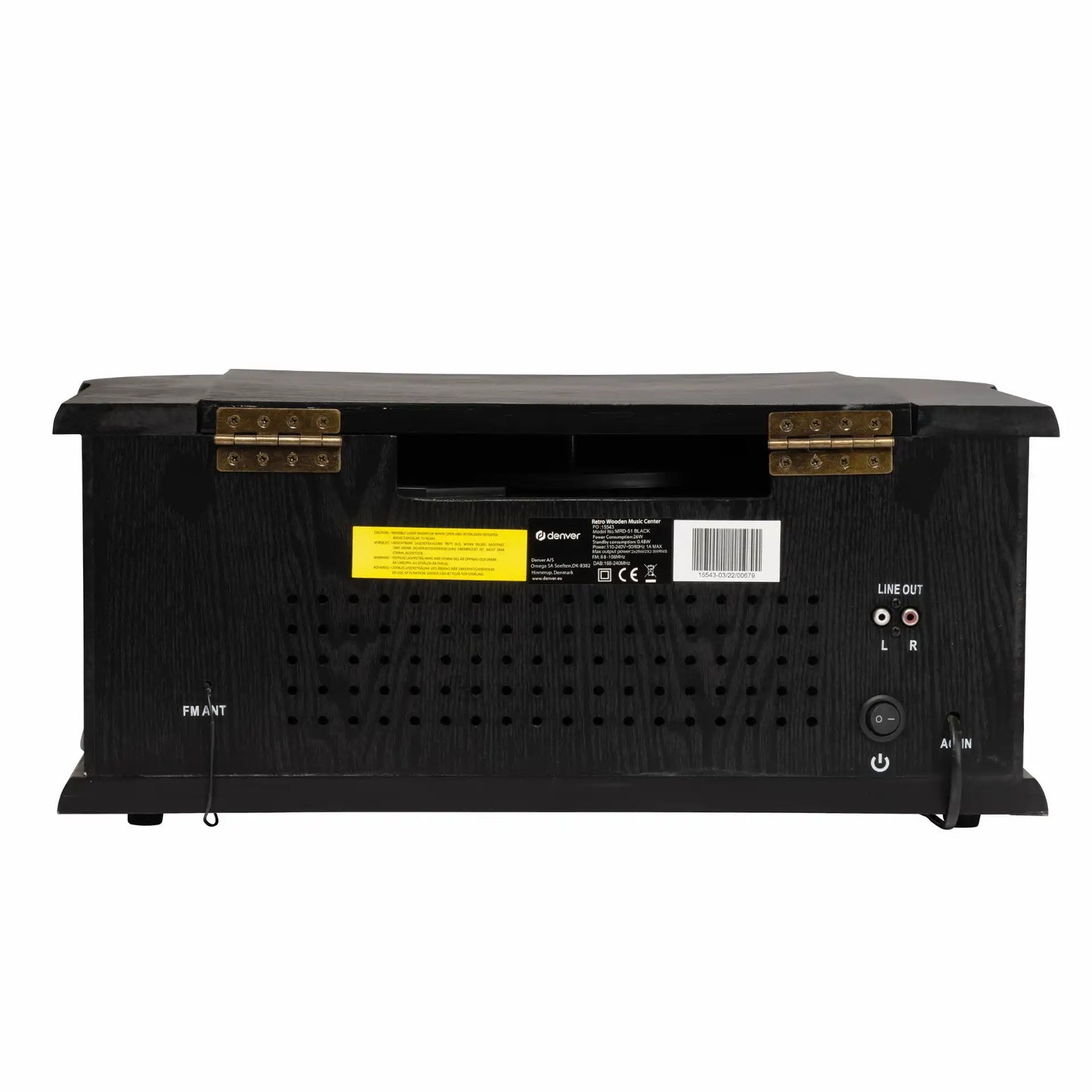 Denver MRD-51B pladespiller bagside, trælook, to top-hængsler, flere porte, USB-afspilning, tænd/sluk-knap, gul label.