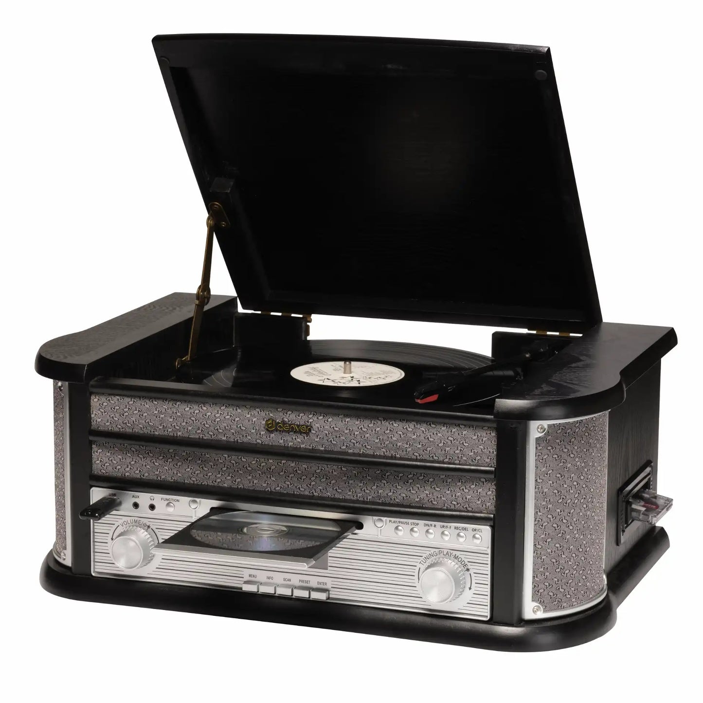 Denver MRD-51B retro pladespiller med hævet låg, vinylafspilning, frontpanel med CD-afspiller, kassette og USB afspilning.