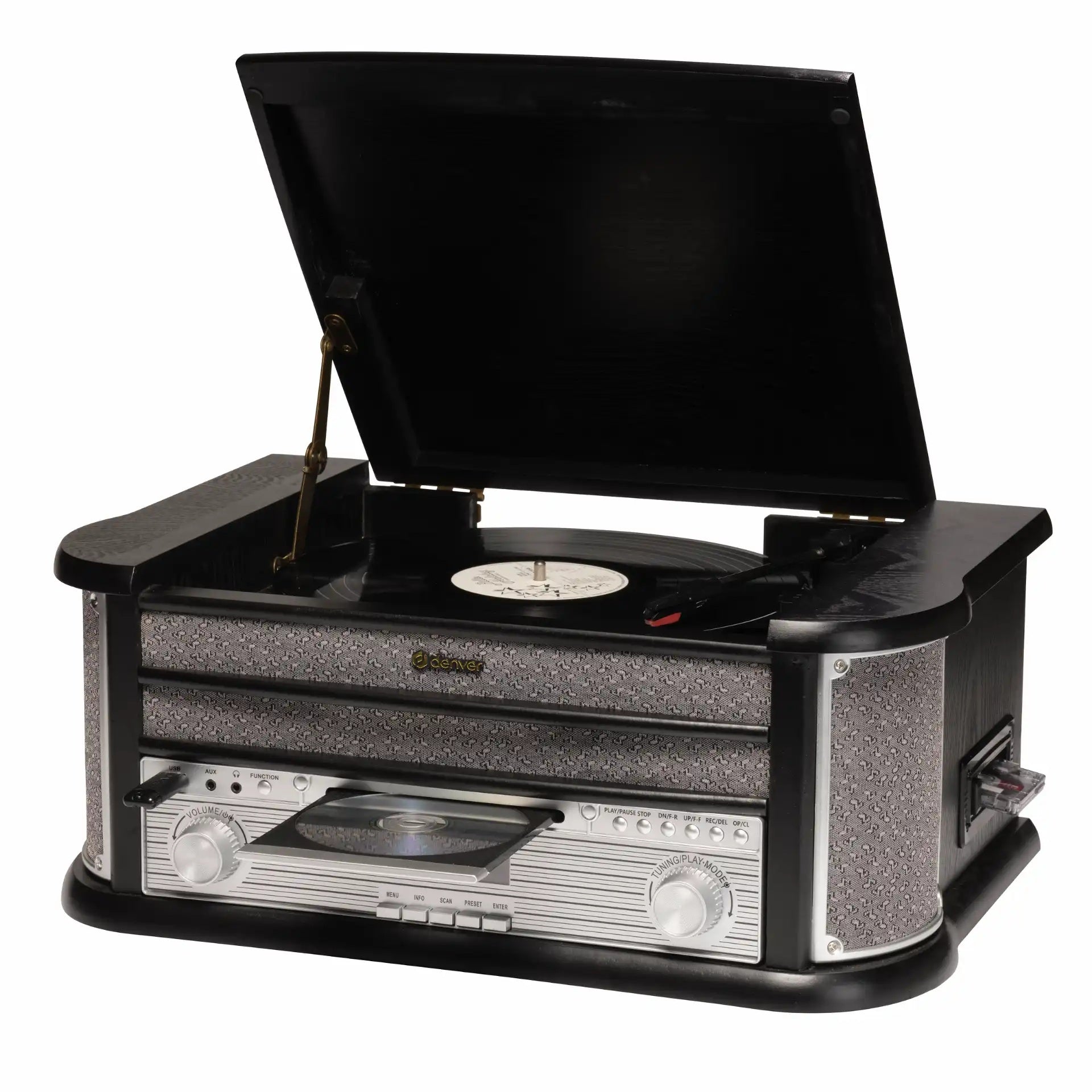Denver MRD-51B retro pladespiller med hævet låg, vinylafspilning, frontpanel med CD-afspiller, kassette og USB afspilning.
