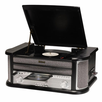 Denver MRD-51B retro pladespiller med hævet låg, vinylafspilning, frontpanel med CD-afspiller, kassette og USB afspilning.