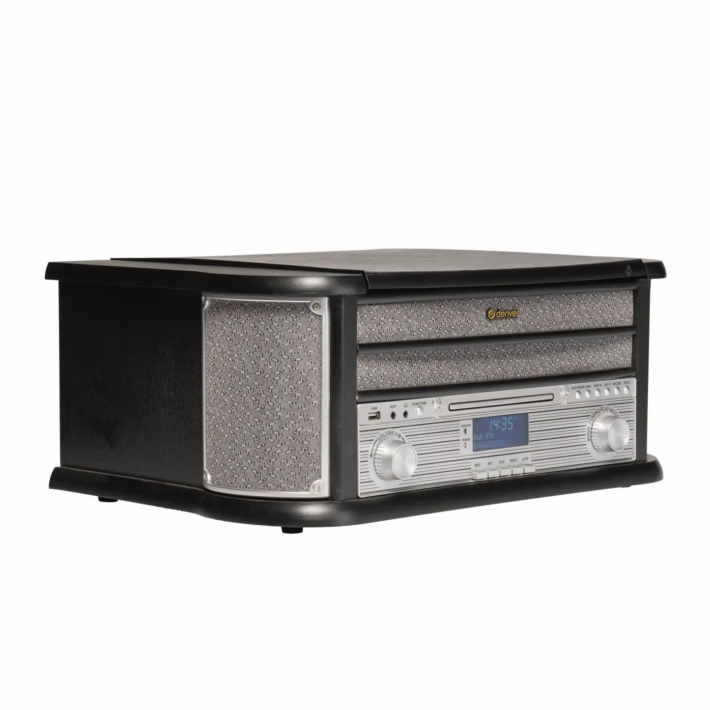 Denver MRD-51B Retro pladespiller træfinish, front højttalere, sølvknapper, DAB+, USB afspilning, digitalt display 13:35.