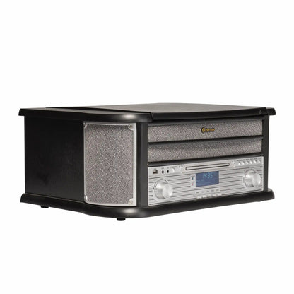 Denver MRD-51B Retro pladespiller træfinish, front højttalere, sølvknapper, DAB+, USB afspilning, digitalt display 13:35.