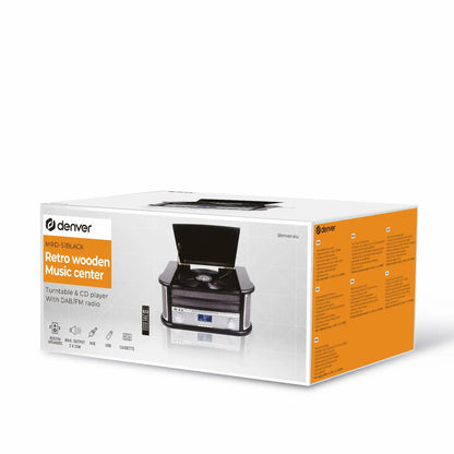 Denver MRD-51B Retro pladespiller boks med CD-afspiller, DAB+ radio, USB, kassetteafspiller på orange baggrund.