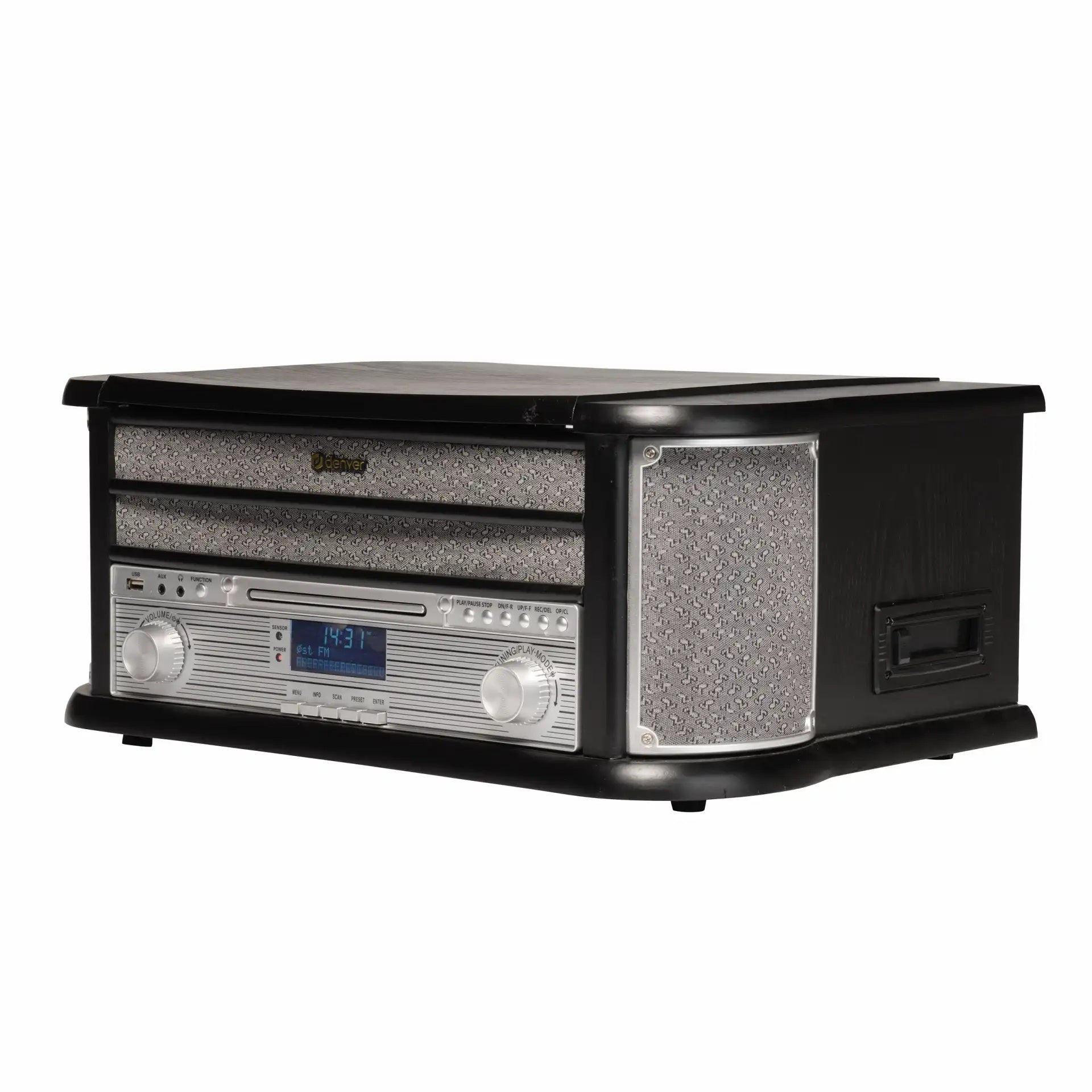 Denver MRD-51B retro pladespiller, sort/sølv, digital display, knapper, drejeknapper, kassette-slot, DAB+ radio, sidehøjttalere.