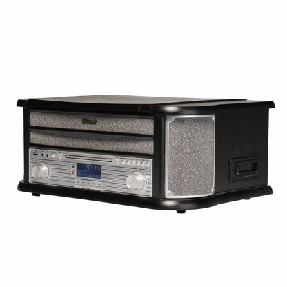 Denver MRD-51B retro pladespiller, sort/sølv, digital display, knapper, drejeknapper, kassette-slot, DAB+ radio, sidehøjttalere.