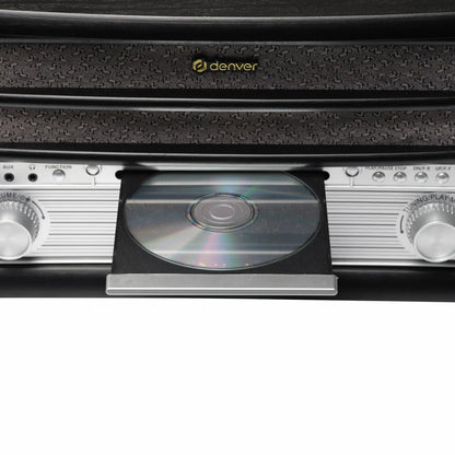 Denver MRD-51B retro pladespiller med åben CD-bakke, synlig CD, volumenkontrol, funktionsknap, afspilning og DAB+ radio.