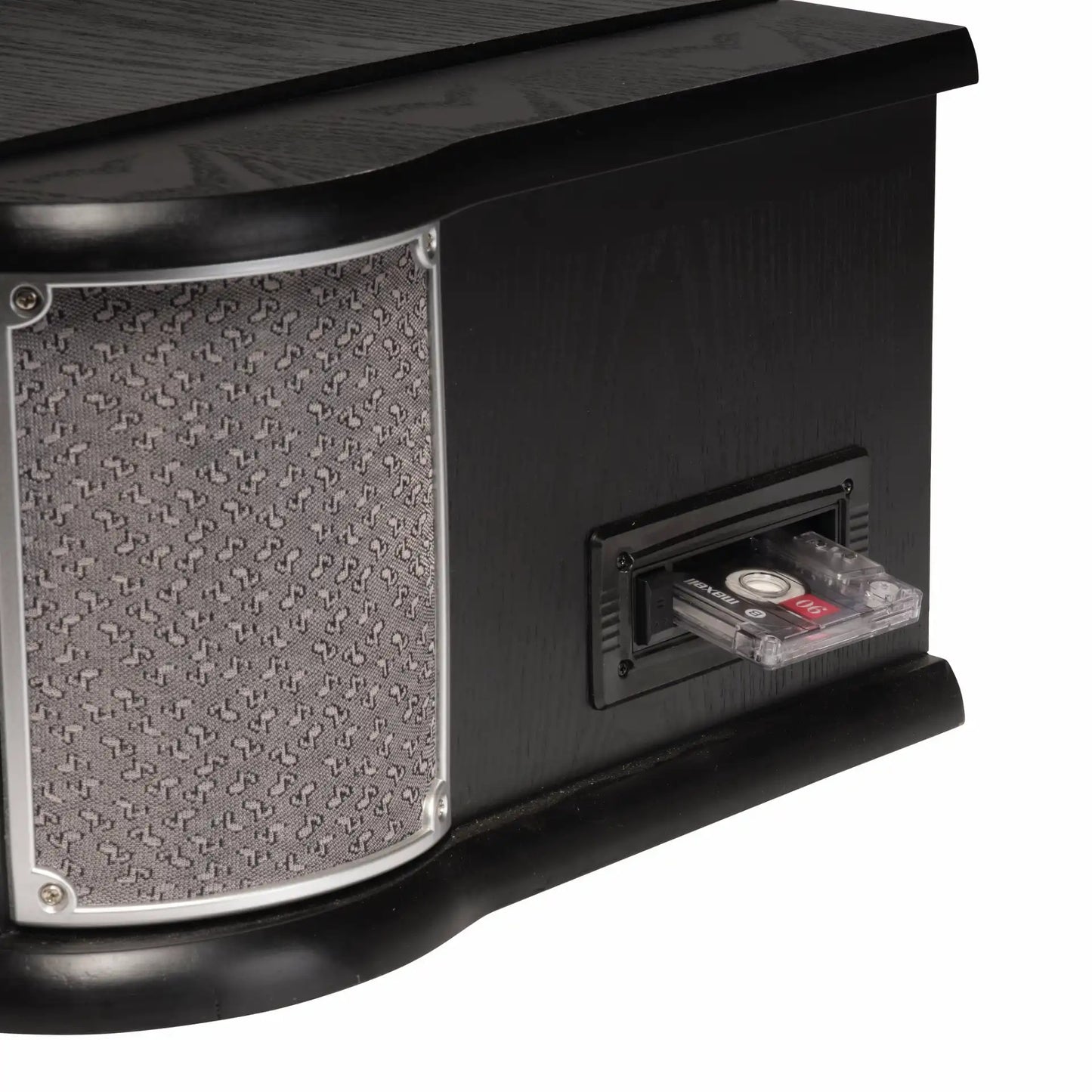 Denver MRD-51B Retro pladespiller, kassettebånd isat, grå tekstureret højttalergrill med noder, USB afspilning.