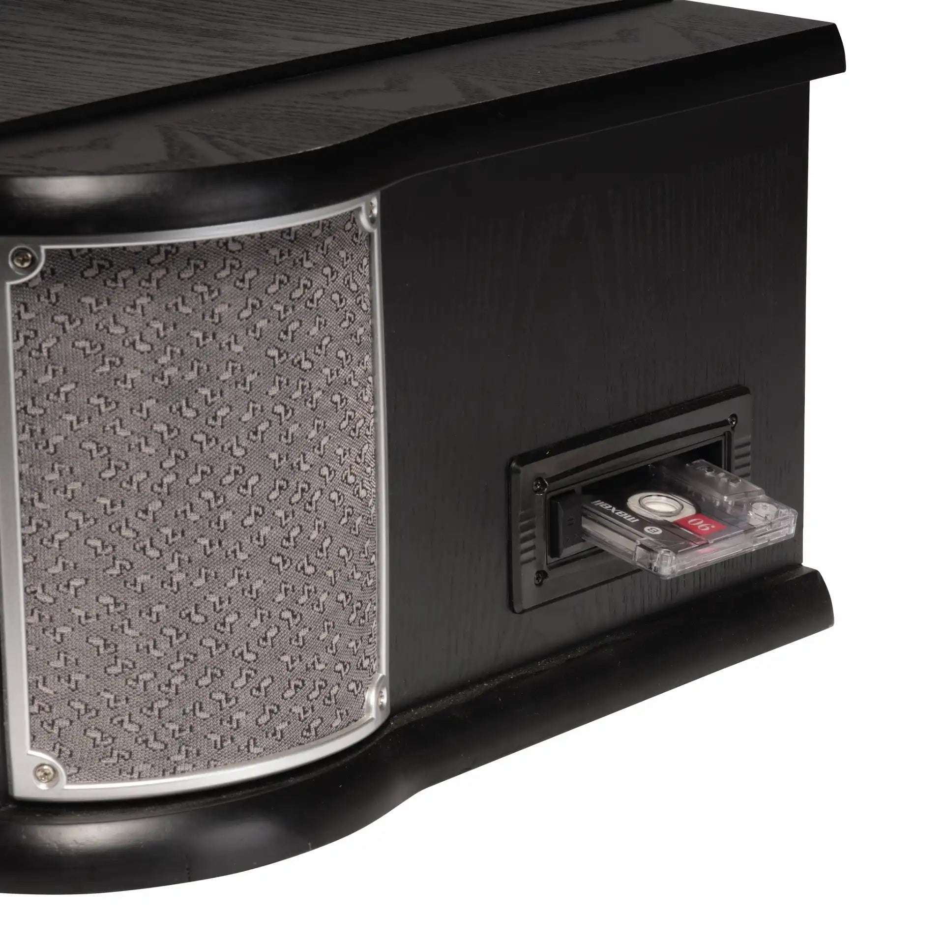 Denver MRD-51B Retro pladespiller, kassettebånd isat, grå tekstureret højttalergrill med noder, USB afspilning.