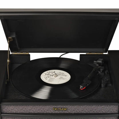 Denver MRD-51B Retro pladespiller sort med vinylplade, hvid label, tonearm på plade og "Denver"-frontlogo.