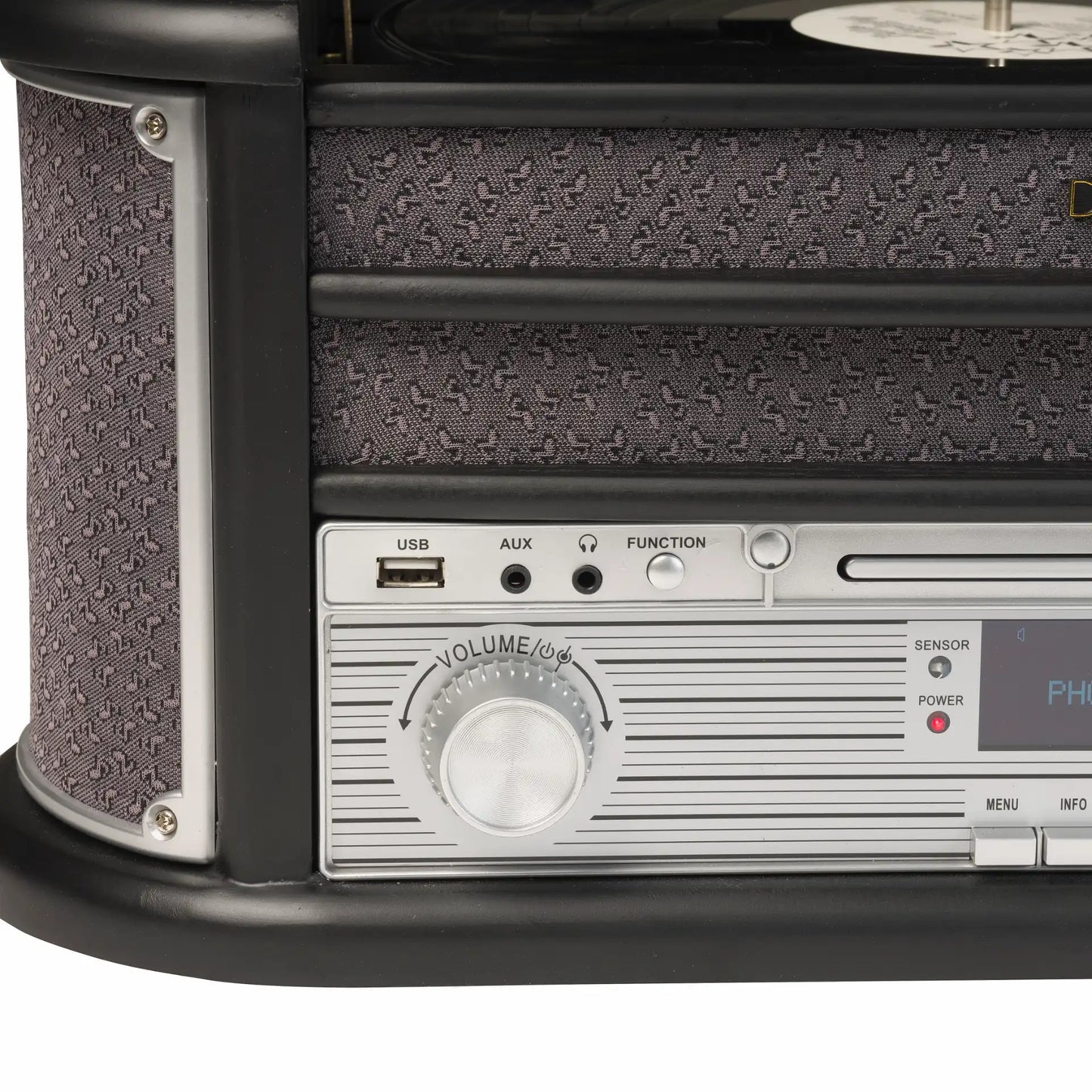 Denver MRD-51B Retro pladespiller med tekstureret højttaler, DAB+ radio, USB-port, funktionsknapper og stor sølv volumenknap.