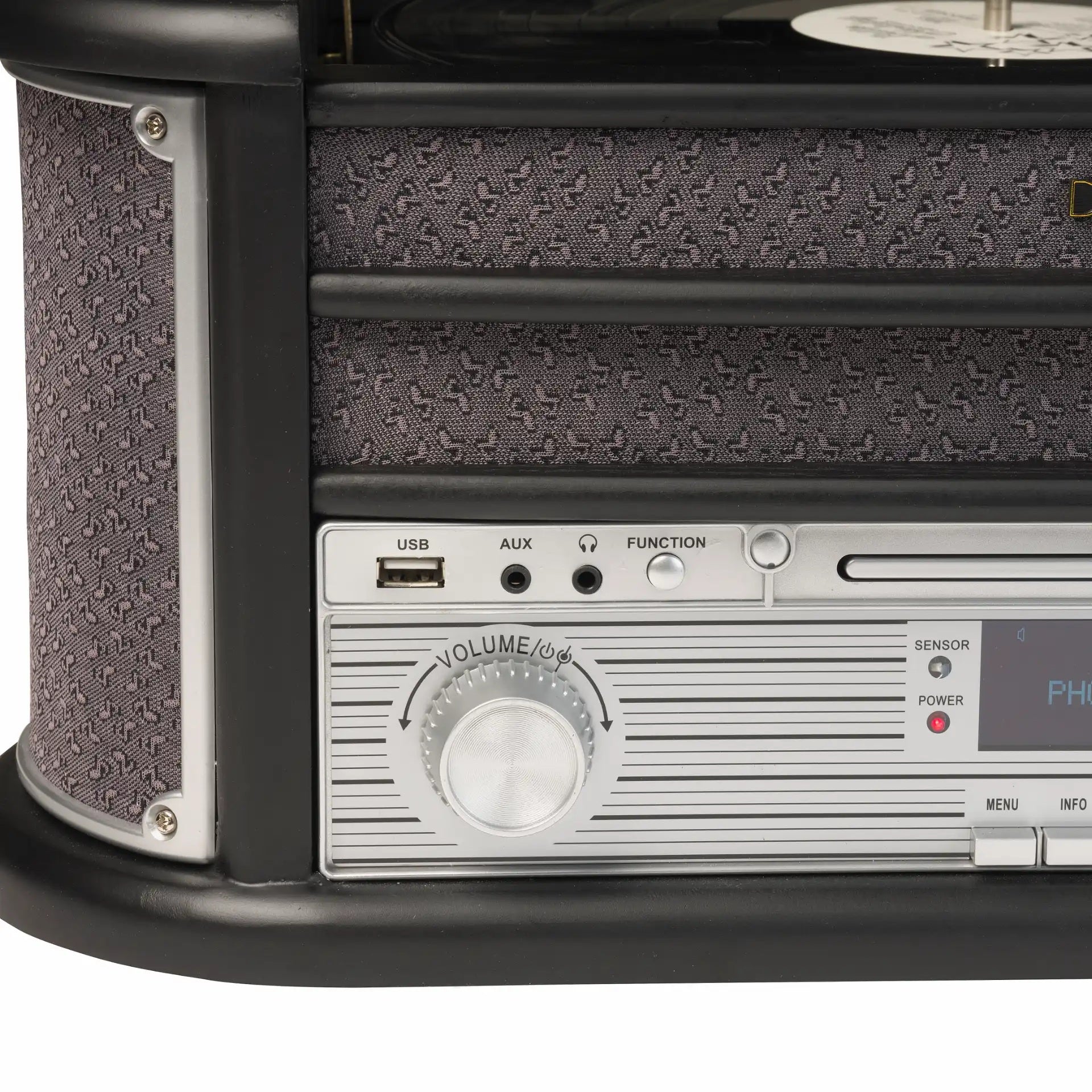 Denver MRD-51B Retro pladespiller med tekstureret højttaler, DAB+ radio, USB-port, funktionsknapper og stor sølv volumenknap.