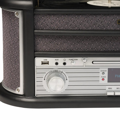 Denver MRD-51B Retro pladespiller med tekstureret højttaler, DAB+ radio, USB-port, funktionsknapper og stor sølv volumenknap.