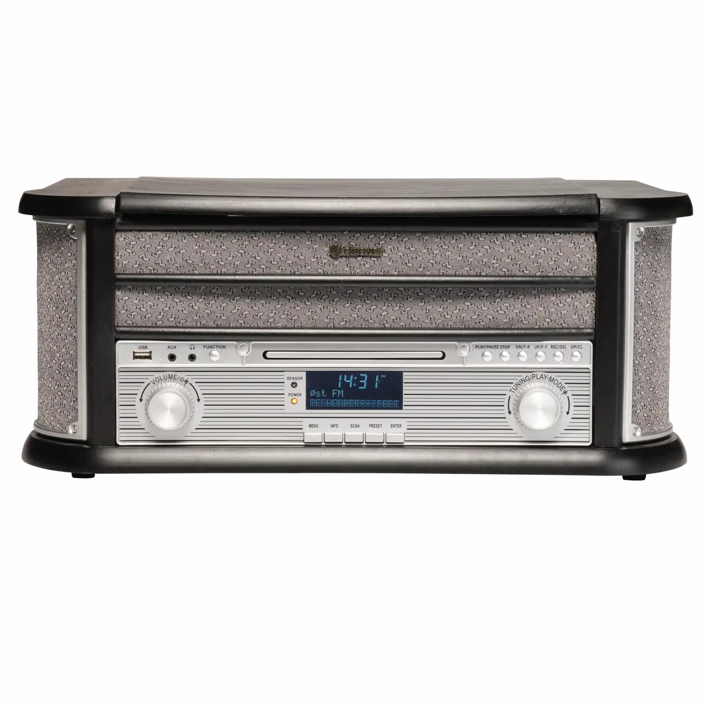 Denver MRD-51B retro pladespiller træfinish, DAB+ radio, USB afspilning, digitalt display 14:31, betjeningsknapper.