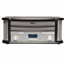Denver MRD-51B retro pladespiller træfinish, DAB+ radio, USB afspilning, digitalt display 14:31, betjeningsknapper.