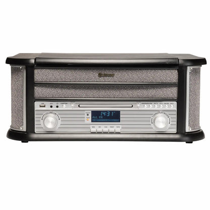 Denver MRD-51B retro pladespiller træfinish, DAB+ radio, USB afspilning, digitalt display 14:31, betjeningsknapper.