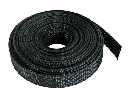 Kabelstrømpe 5 m sort 20 mm, flettet nylon, bruges til samling og beskyttelse af kabler og ledninger.