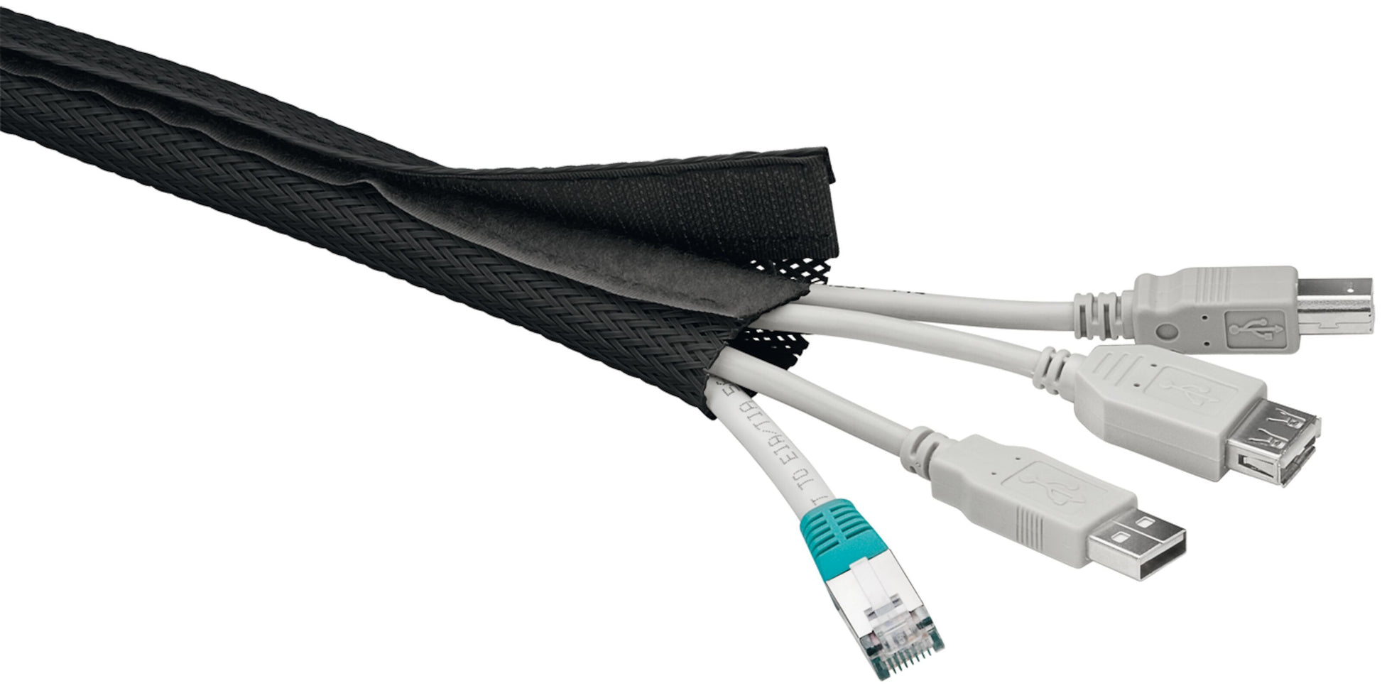 Luxorparts kabelstrømpe 1,8 m til samling af flere kabler med synlige USB- og Ethernet-stik ført ud af ærmet.