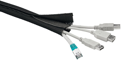Luxorparts kabelstrømpe 1,8 m til samling af flere kabler med synlige USB- og Ethernet-stik ført ud af ærmet.