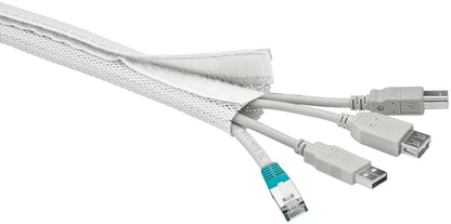 Luxorparts kabelstrømpe 1,8 m hvid samler USB-A, to USB-B og Ethernet-kabel med synlige stik i åben ende og velcrolukning.