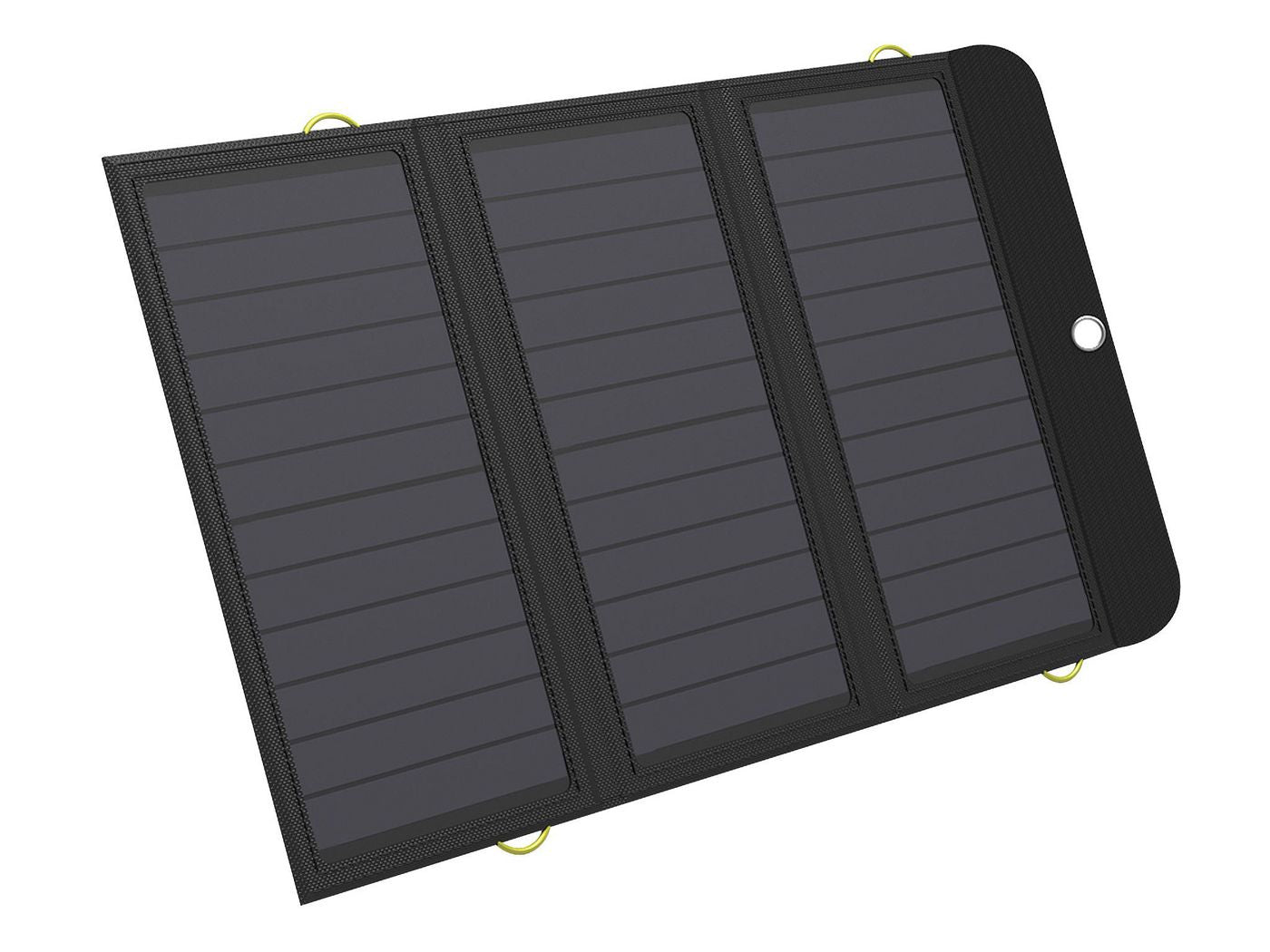 Sandberg Solar Powerbank foldbar soloplader med 3 paneler, gule ophængsløkker, 10000 mAh, 2x USB-A og USB-C porte.