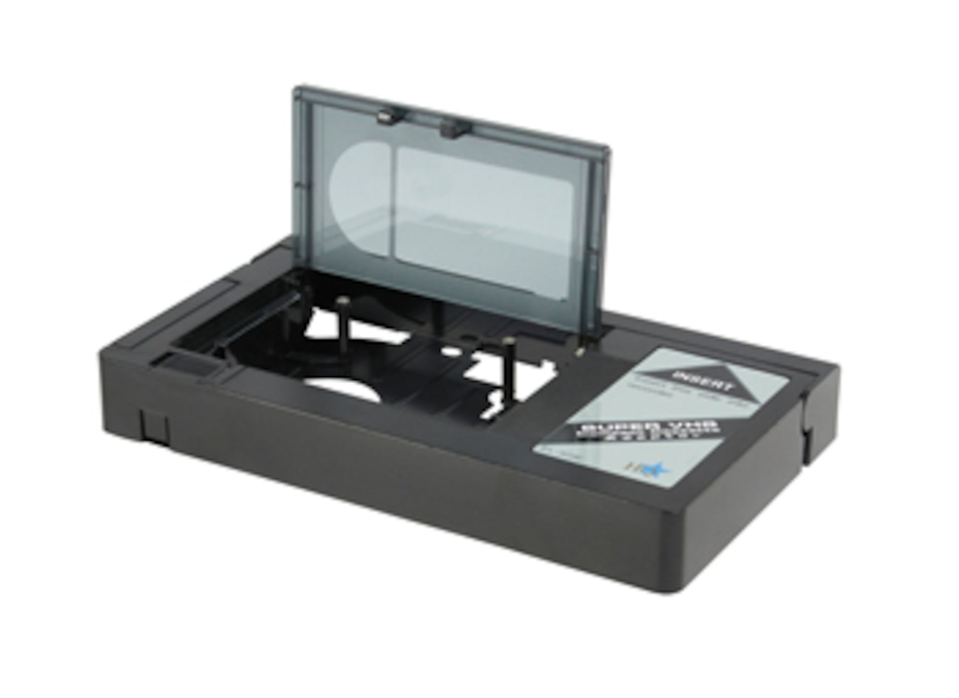 Hama VHS-C til VHS kassetteadapter sort med transparent låg åbent, viser rum til VHS-C kassette.
