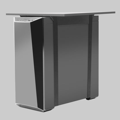 Plexgear Computerholder med spænderem, sort, reflekterende frontpanel og flad top, ligner stationær computers base.