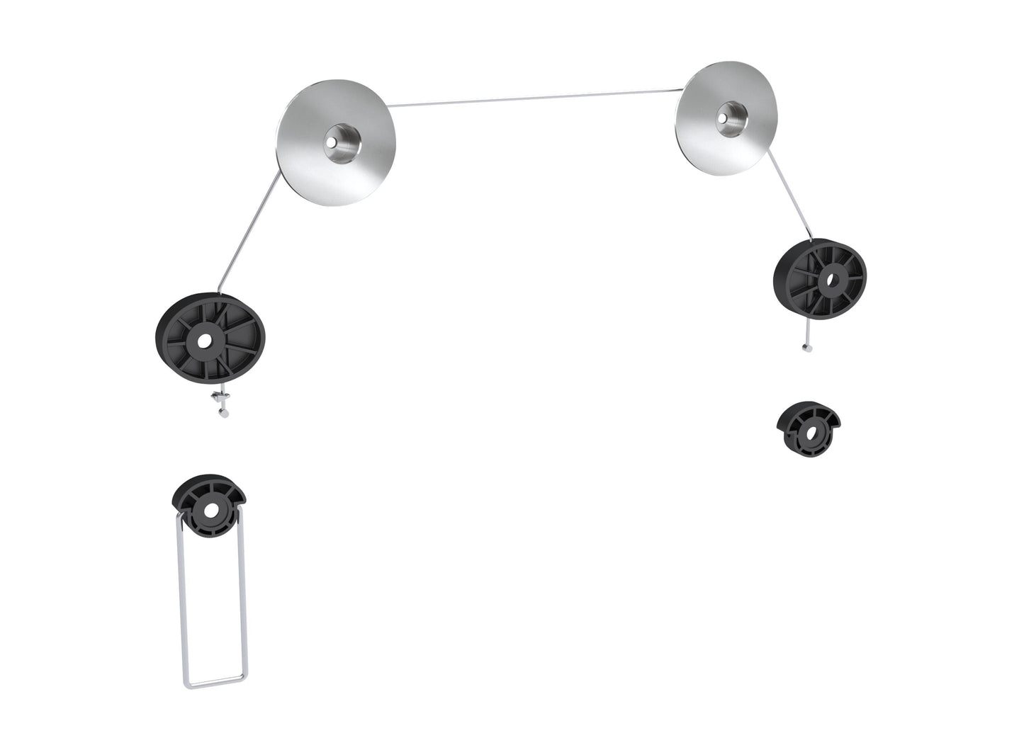 Luxorparts wireophæng til TV 37-70", to krom loftbeslag med wire, sorte plastskiver, halvskal-forbindelser og metalkrog.