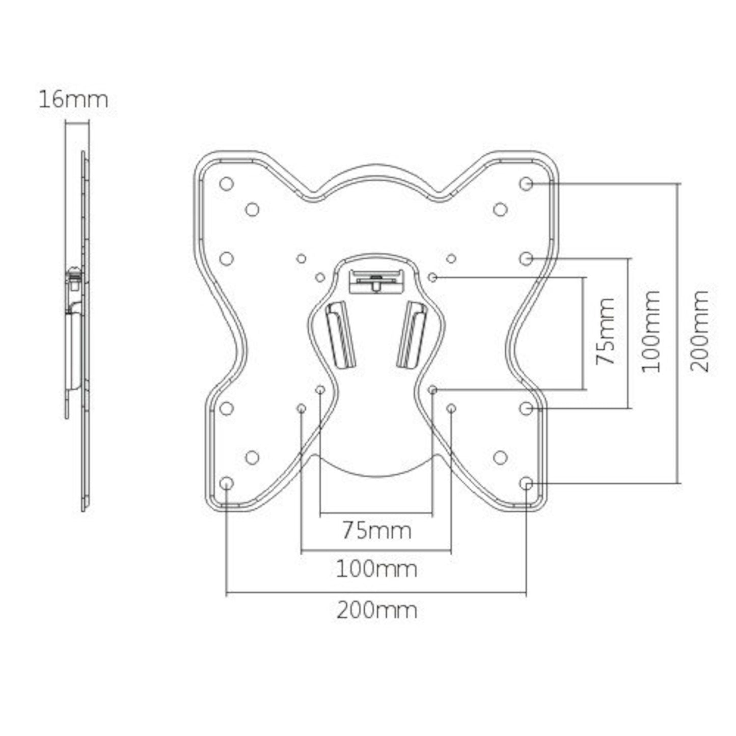 Teknisk tegning af vægbeslag til TV 23-42", fladt X-formet, 200x200x16mm, hulafstand 75mm/100mm.