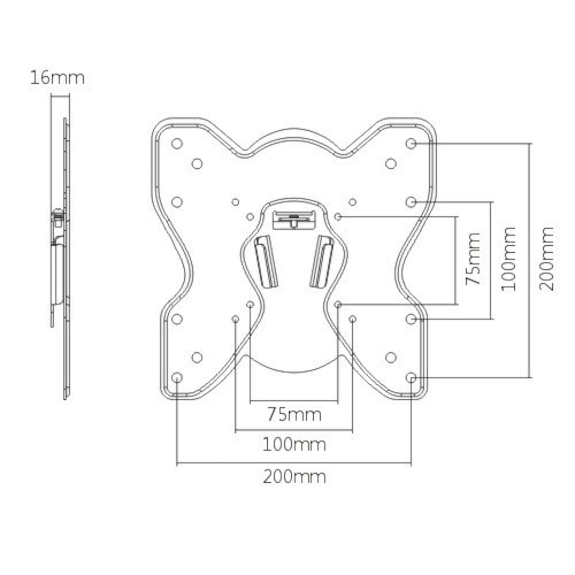 Teknisk tegning af vægbeslag til TV 23-42", fladt X-formet, 200x200x16mm, hulafstand 75mm/100mm.