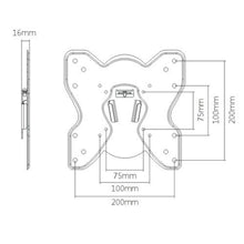 Teknisk tegning af vægbeslag til TV 23-42", fladt X-formet, 200x200x16mm, hulafstand 75mm/100mm.