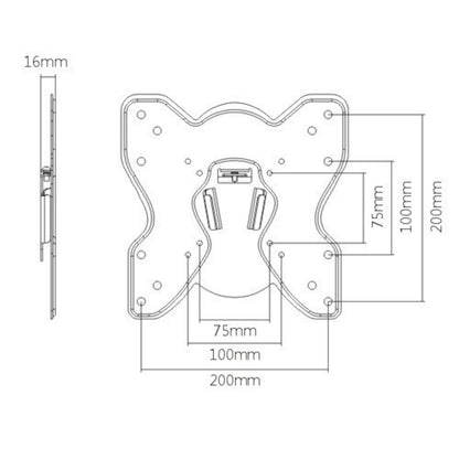 Teknisk tegning af vægbeslag til TV 23-42", fladt X-formet, 200x200x16mm, hulafstand 75mm/100mm.