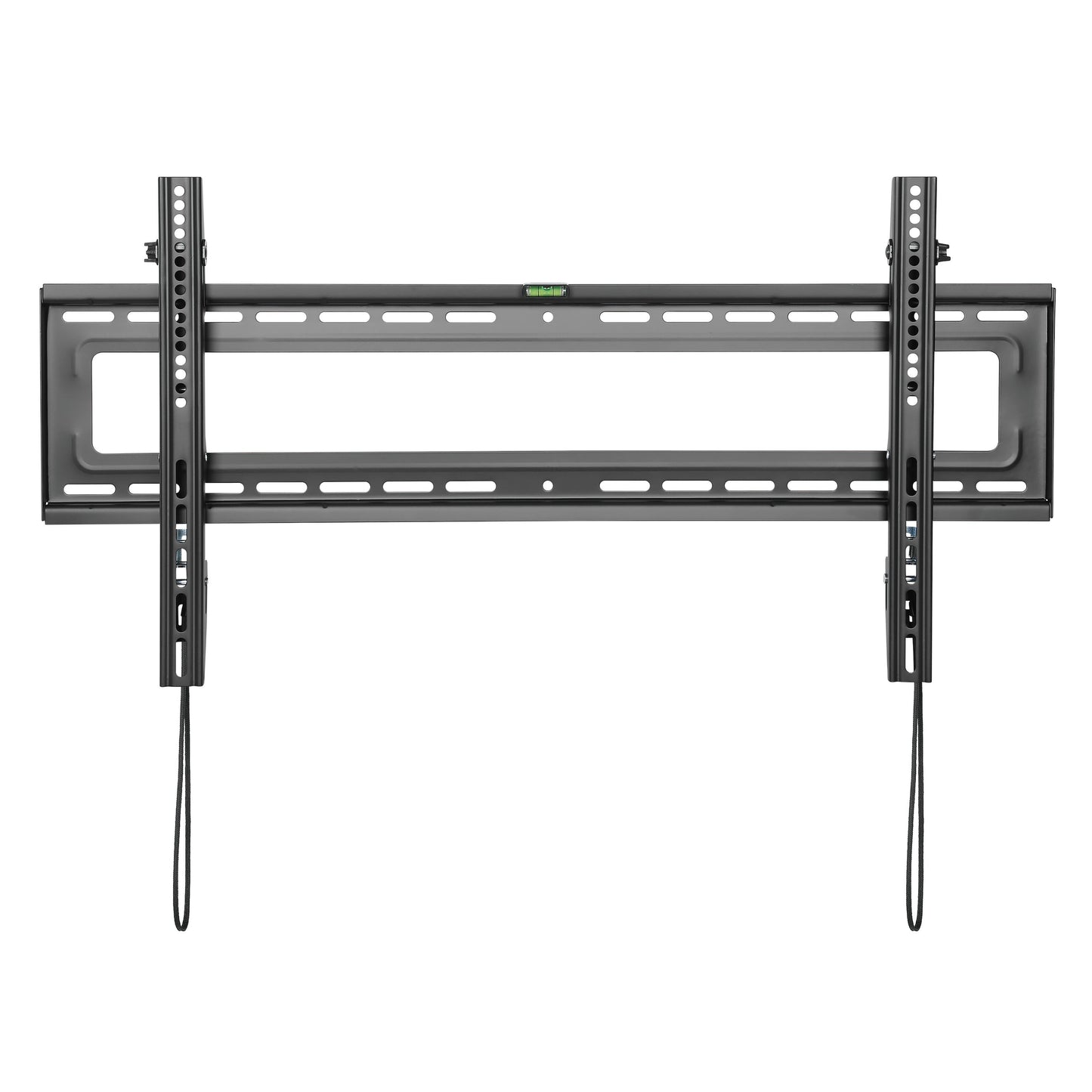 Luxorparts justerbart sort TV-vægbeslag til 37-80" med lodrette støttebeslag, perforerede stænger, træksnore, vaterpas.