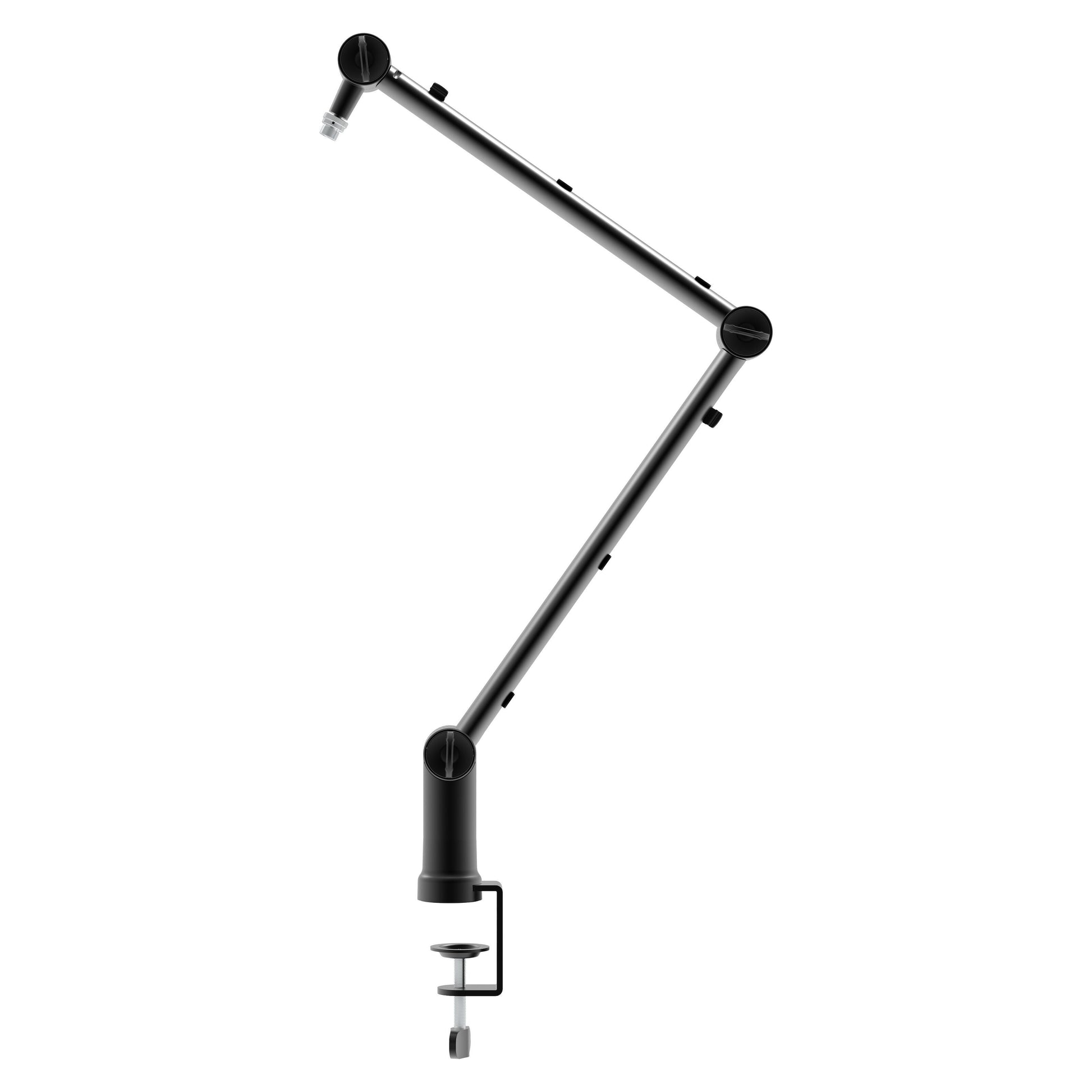 Nikabe Mikrofonarm Pro, justerbar to-delt arm, sorte knækled, bordklemme og mikrofongevind.