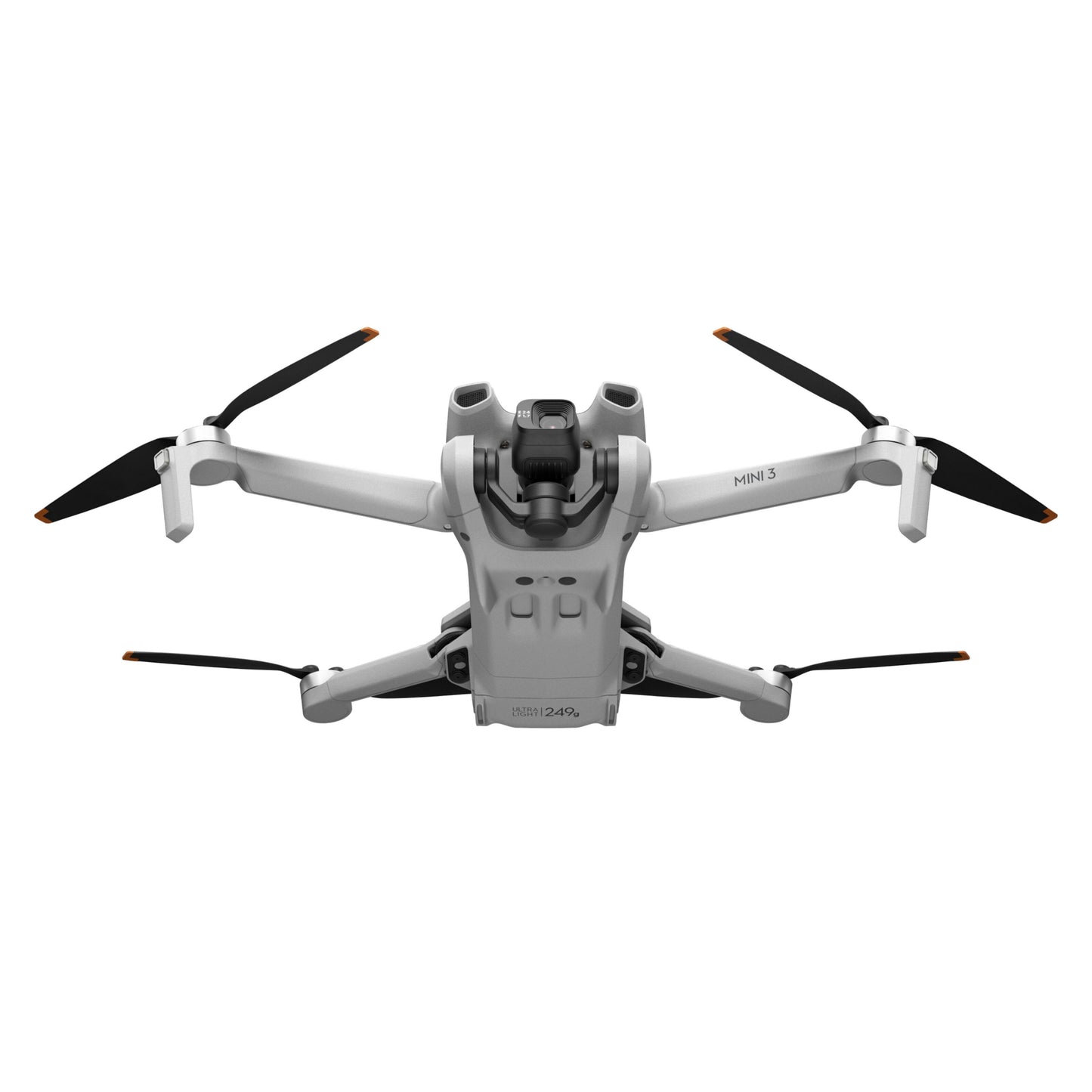 DJI Mini 3 hvid quadcopter drone med fire slags propeller, frontkamera og True Vertical Shooting.
