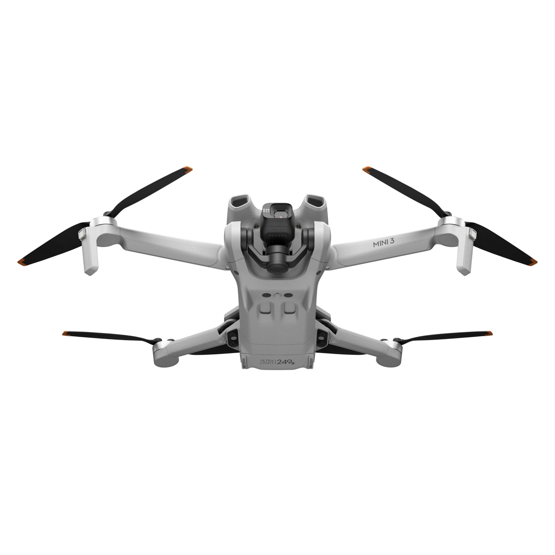 DJI Mini 3 hvid quadcopter drone med fire slags propeller, frontkamera og True Vertical Shooting.