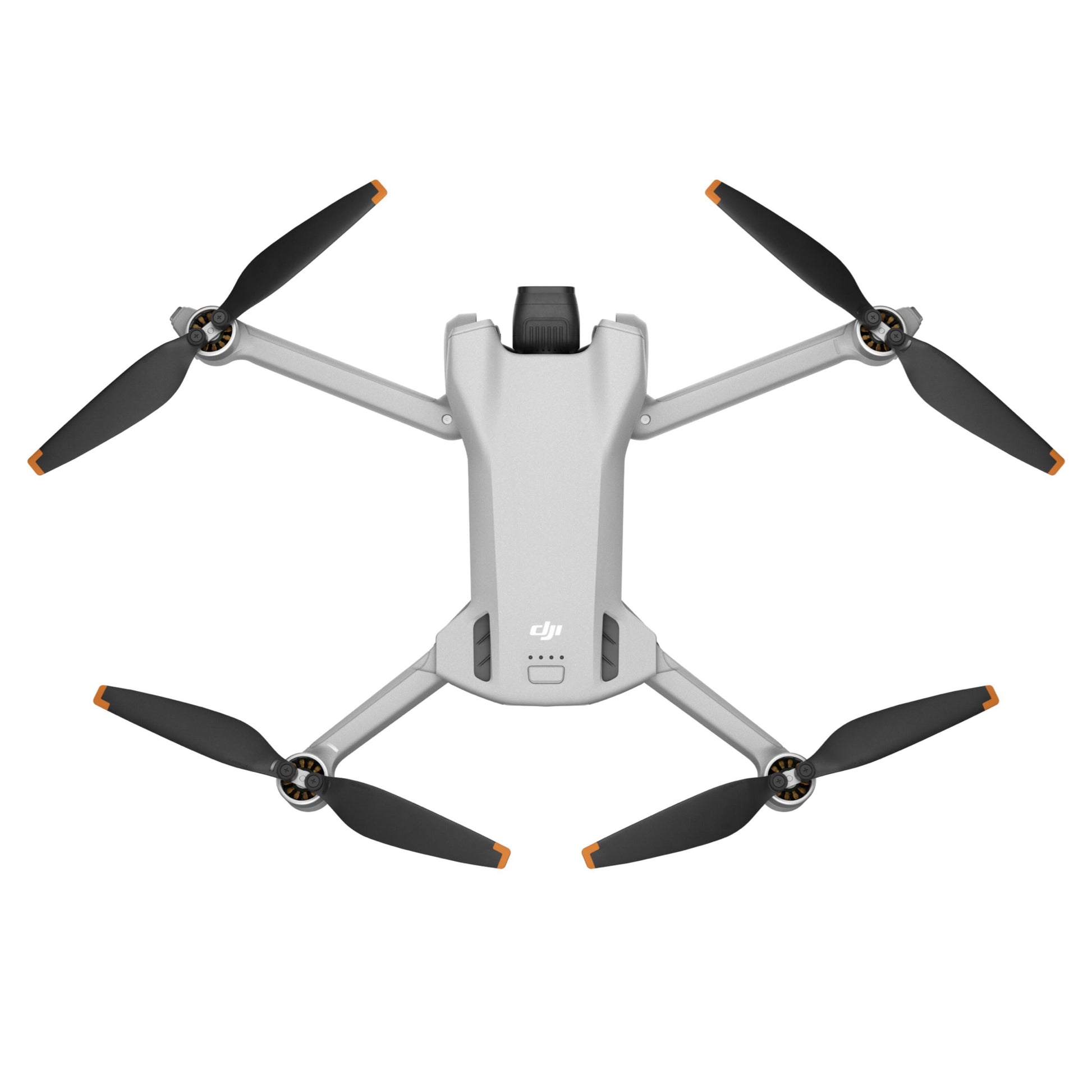 DJI Mini 3 drone hvid, sort propel med orange spidser, 4K kamera, True Vertical Shooting, set oppefra.