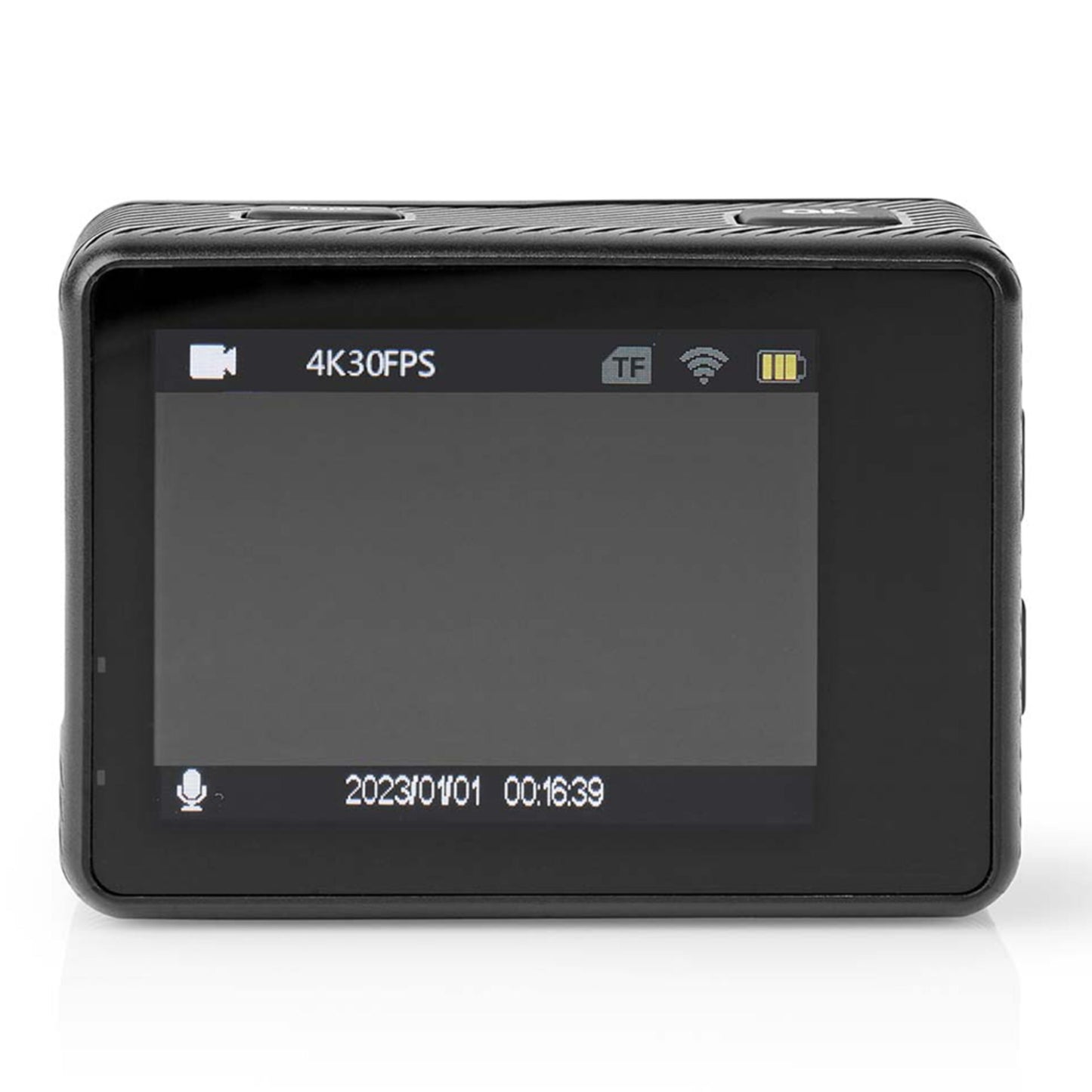 Nedis 4K actionkamera med to skærme, optageindstillinger, batteristatus, microSD og mikrofonikon samt tidsstempel.