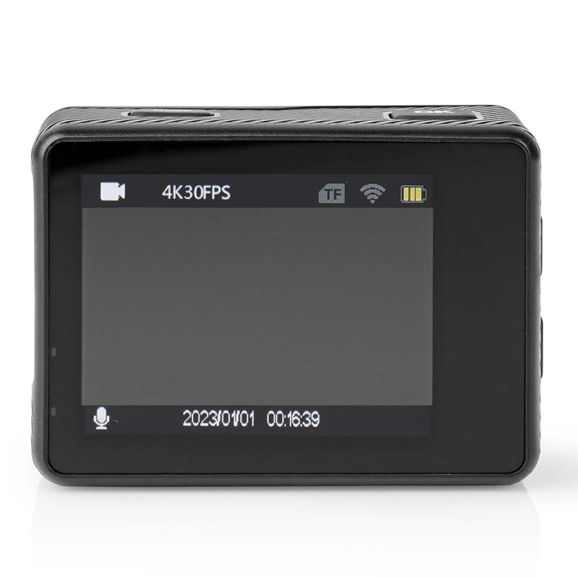 Nedis 4K actionkamera med to skærme, optageindstillinger, batteristatus, microSD og mikrofonikon samt tidsstempel.