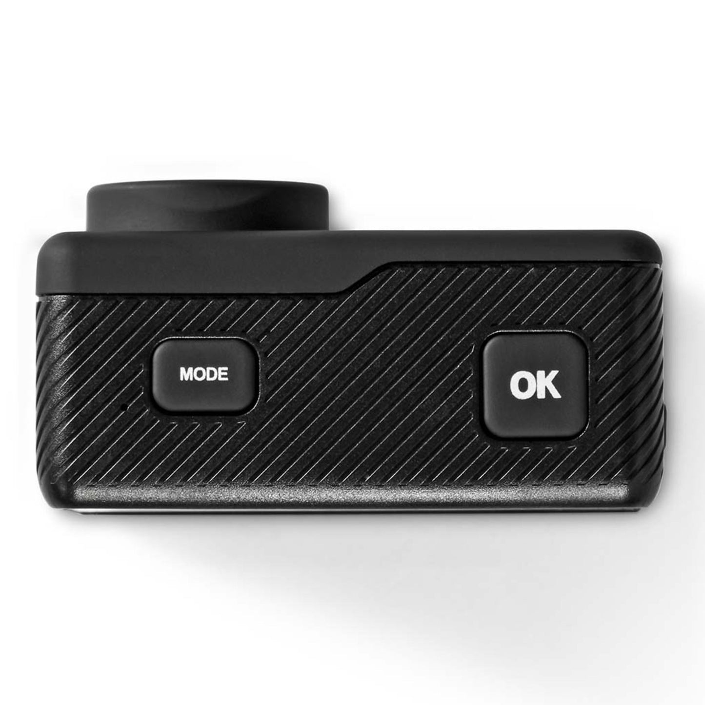 Nedis 4K actionkamera med to skærme, sort, tekstureret overflade, MODE/OK-knapper og stor linse.