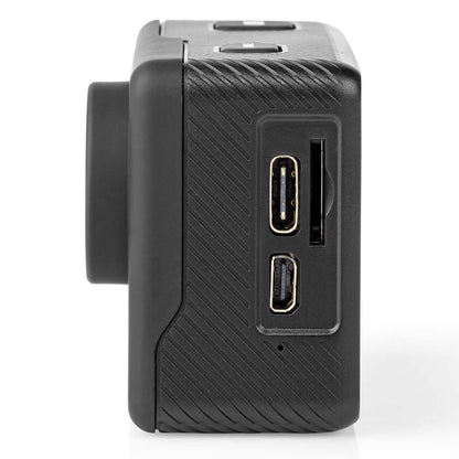 Nedis 4K actionkamera med to skærme, microSD-kortslot, micro USB og mini HDMI-port, sidevisning af kameralinse.