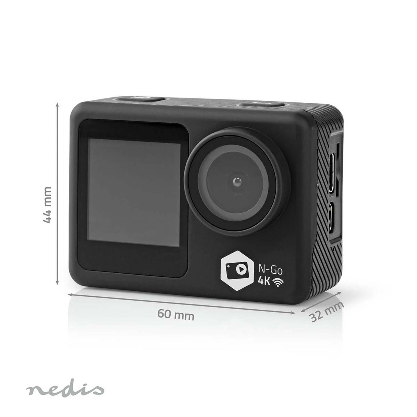Nedis 4K actionkamera sort, to skærme, Nedis-logo i hjørnet, 44x60x32 mm.