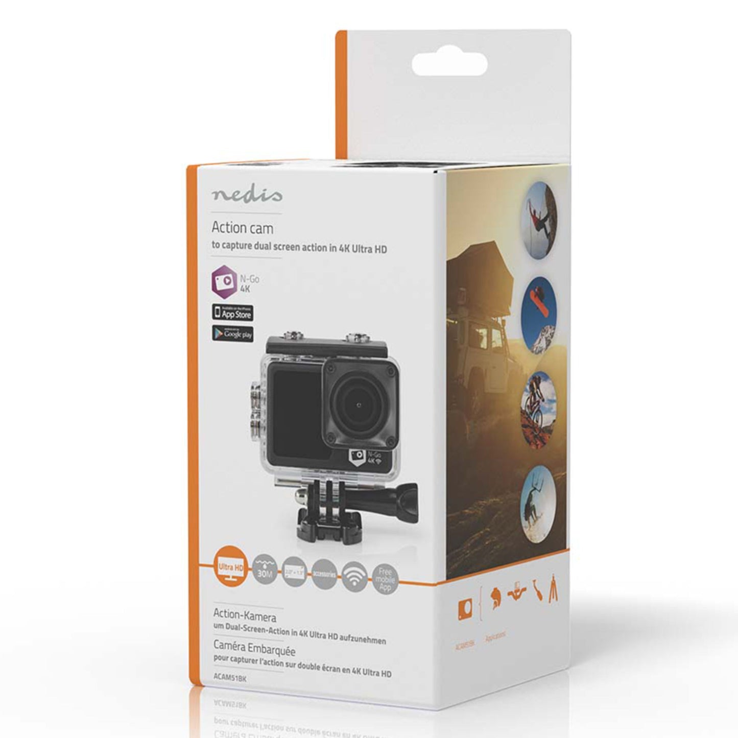 Nedis 4K-actionkamera med to skærme i etui, billeder af cykling/paragliding, 4K Ultra HD og vandtæt nævnt på æsken.