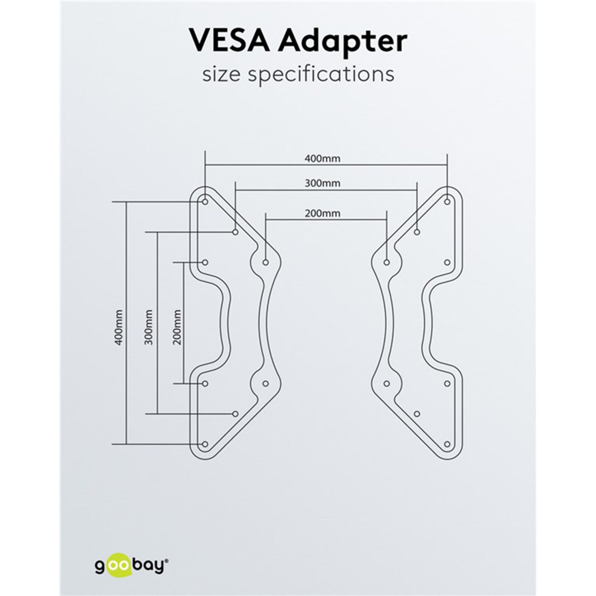 VESA adapter hulafstande 400x400, 300x300, 200x200 mm vist i diagram med titlen 'VESA Adapter-størrelsesspecifikationer'.