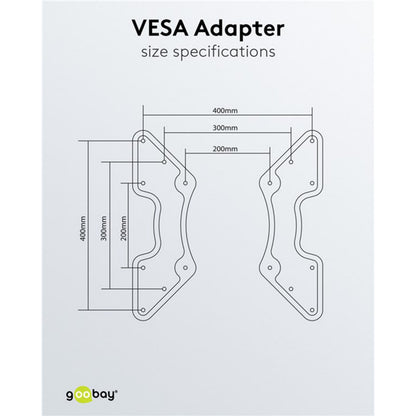 VESA adapter hulafstande 400x400, 300x300, 200x200 mm vist i diagram med titlen 'VESA Adapter-størrelsesspecifikationer'.