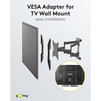 Goobay VESA-adapter til montering, adapterplader til hulafstand, vist med fladskærms-TV og TV-vægbeslag.