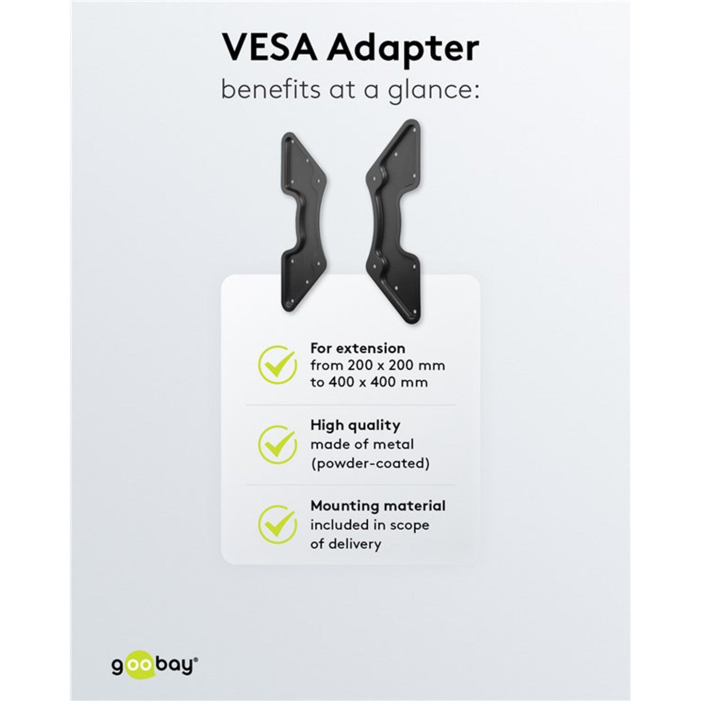 Adapter til VESA-montering, sort pulverlakeret metal, udvider hulafstand 200x200mm til 400x400mm, inkl. monteringskit.