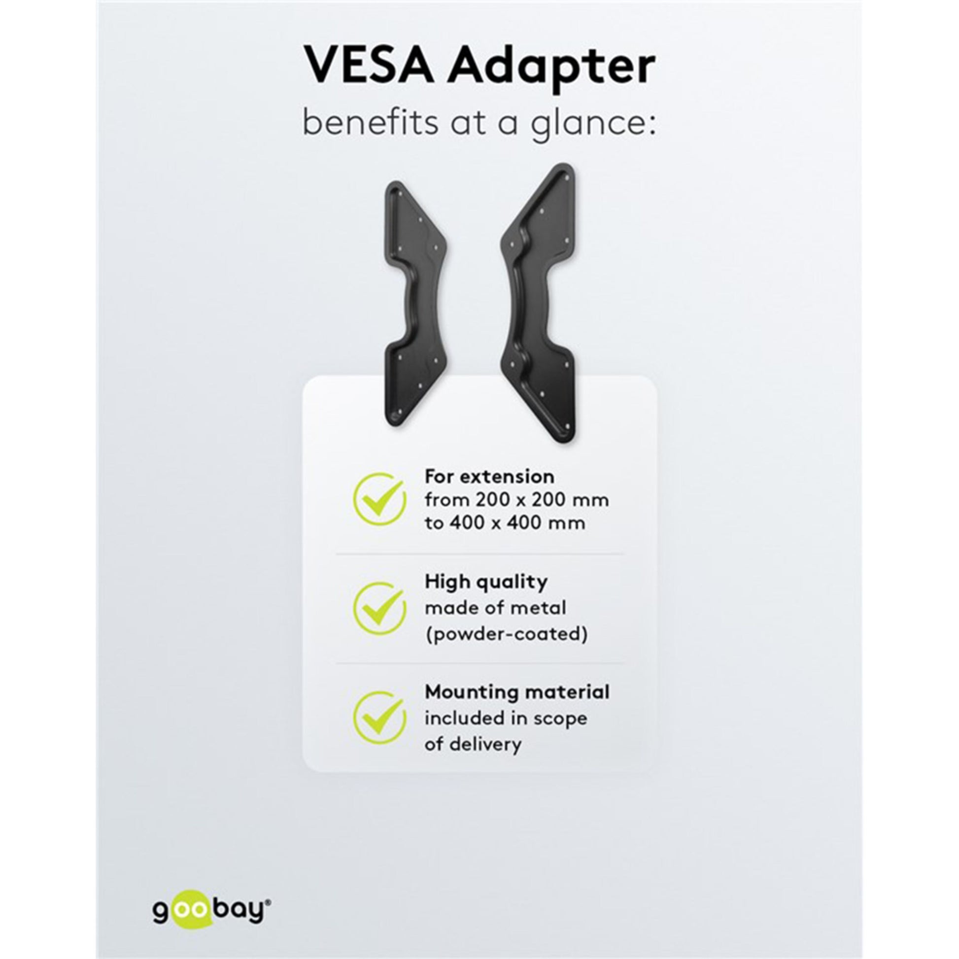 Adapter til VESA-montering, sort pulverlakeret metal, udvider hulafstand 200x200mm til 400x400mm, inkl. monteringskit.